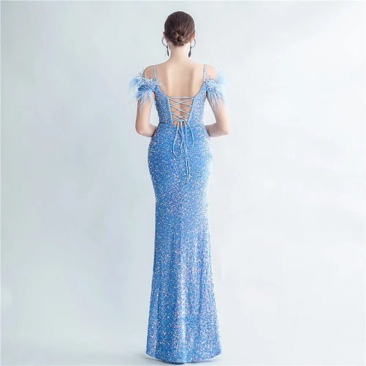 DEERVEADO Luxury Evening Dress with Feathers Women's Elegant Off Shoulder Mermaid Party Maxi Dress Special Occasion Dress Long