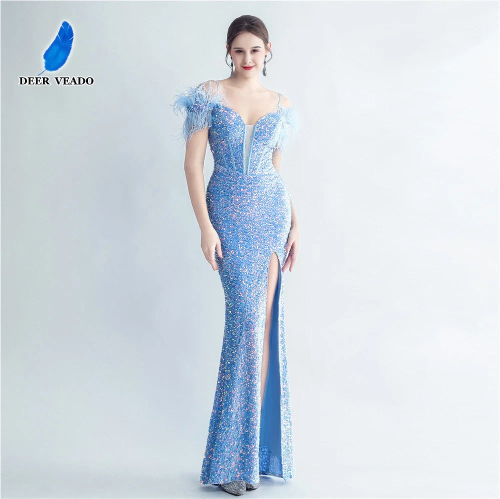 DEERVEADO Luxury Evening Dress with Feathers Women's Elegant Off Shoulder Mermaid Party Maxi Dress Special Occasion Dress Long