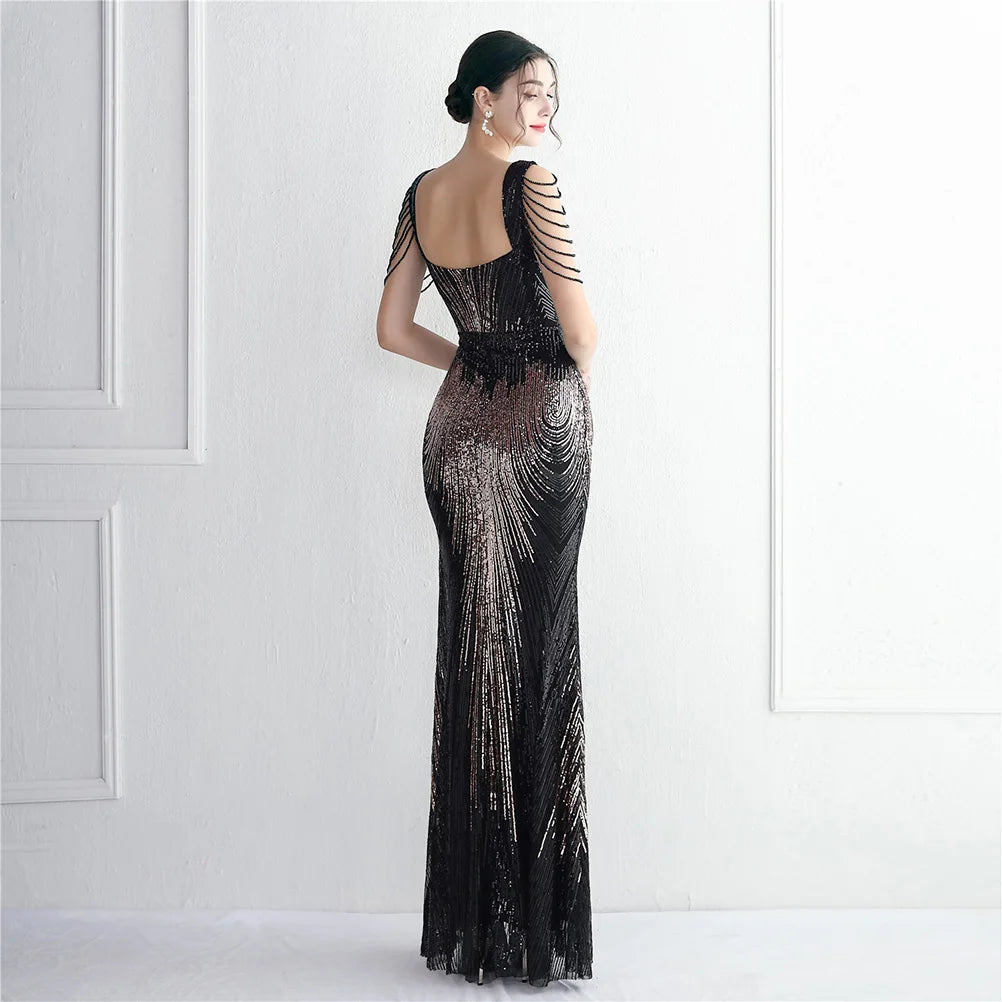 DEERVEADO Black Formal Occasion Party Dresses Long Mermaid Sequins Evening Dress Woºmen Slit Maxi Dress Prom Gowns