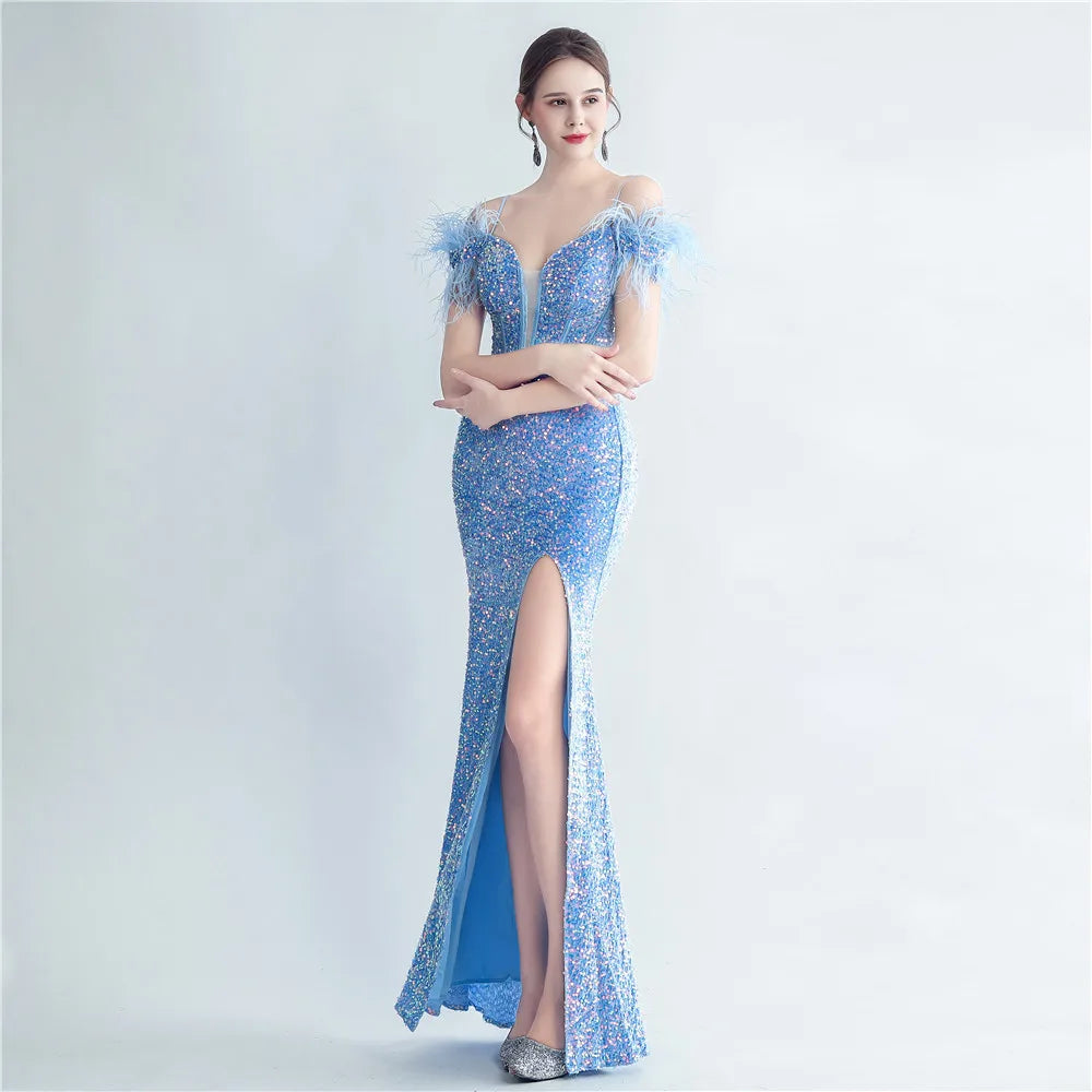DEERVEADO Luxury Evening Dress with Feathers Women's Elegant Off Shoulder Mermaid Party Maxi Dress Special Occasion Dress Long